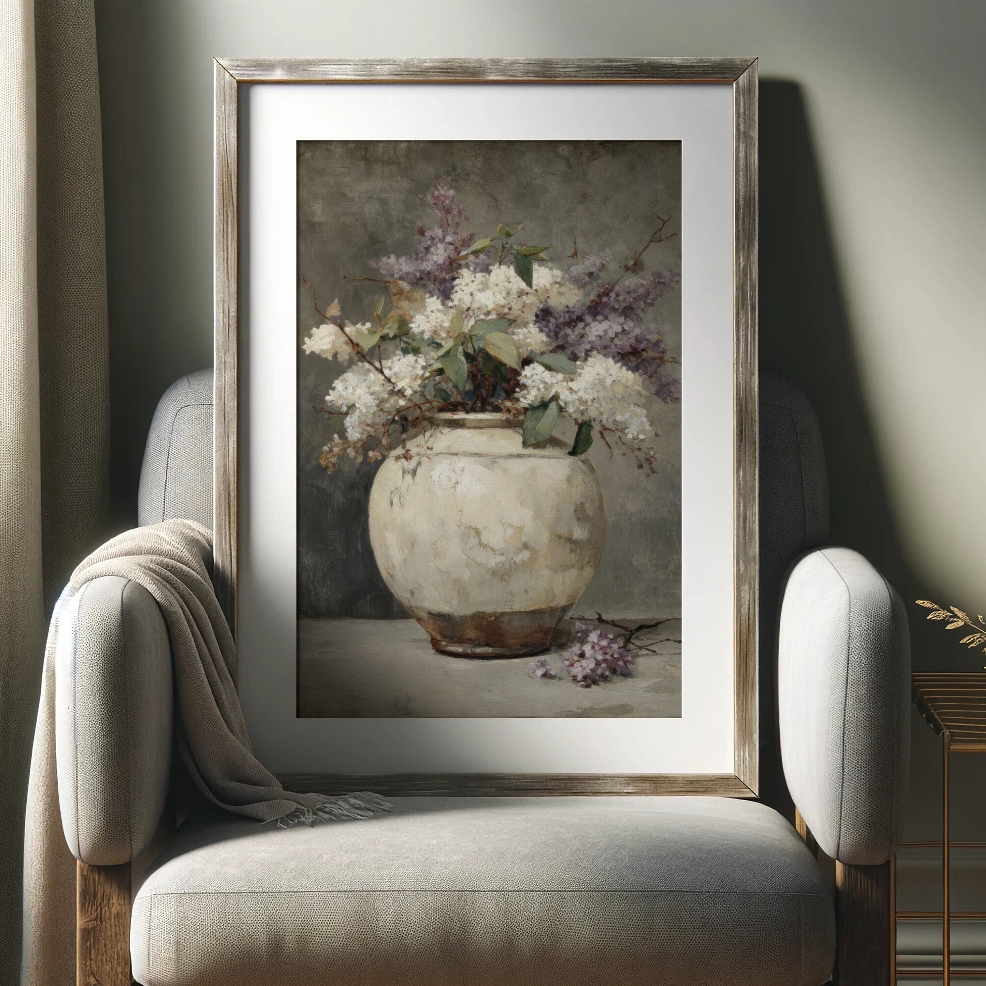 Framed painting of a vase with flowers on a chair
