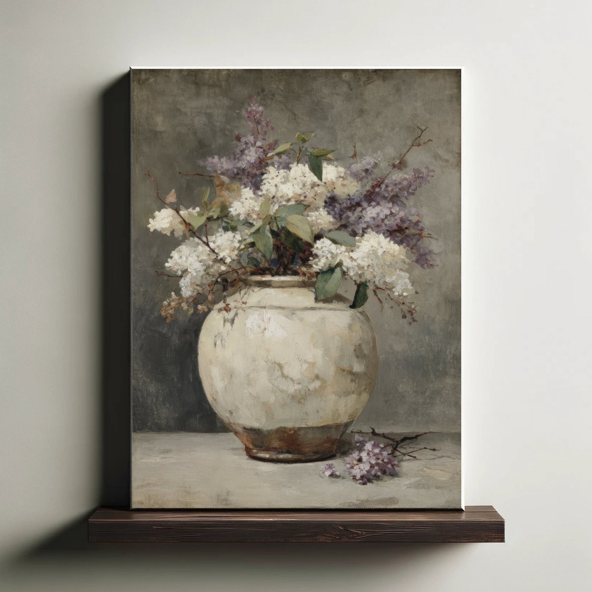 Canvas print of a still life painting with a vase of flowers on a wooden shelf.
