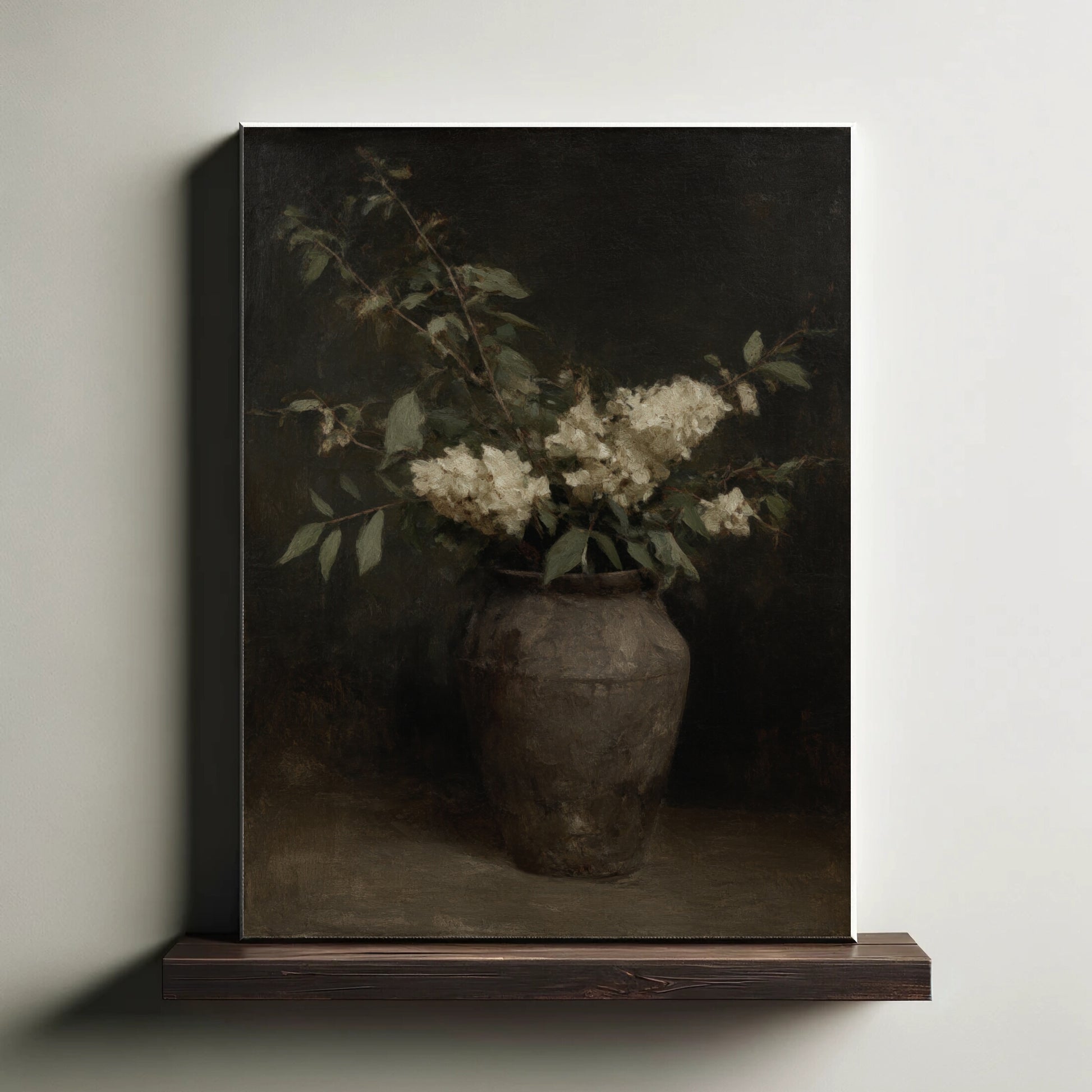 Canvas print of a still life painting with a vase and flowers on a wooden shelf.