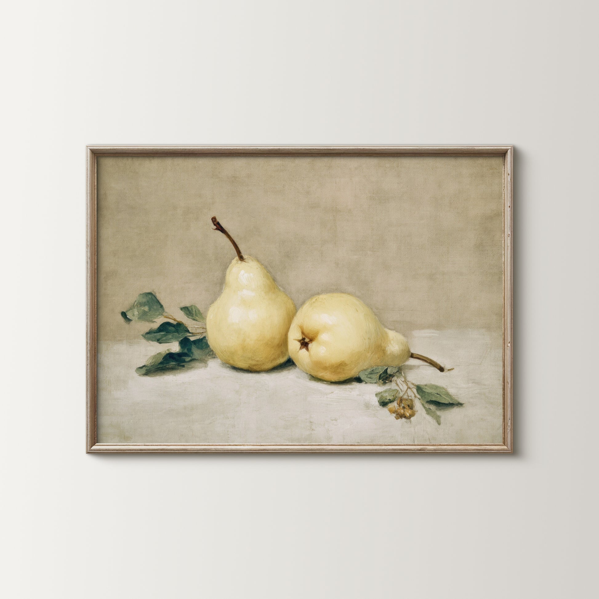 Framed artwork of two pears on a neutral background