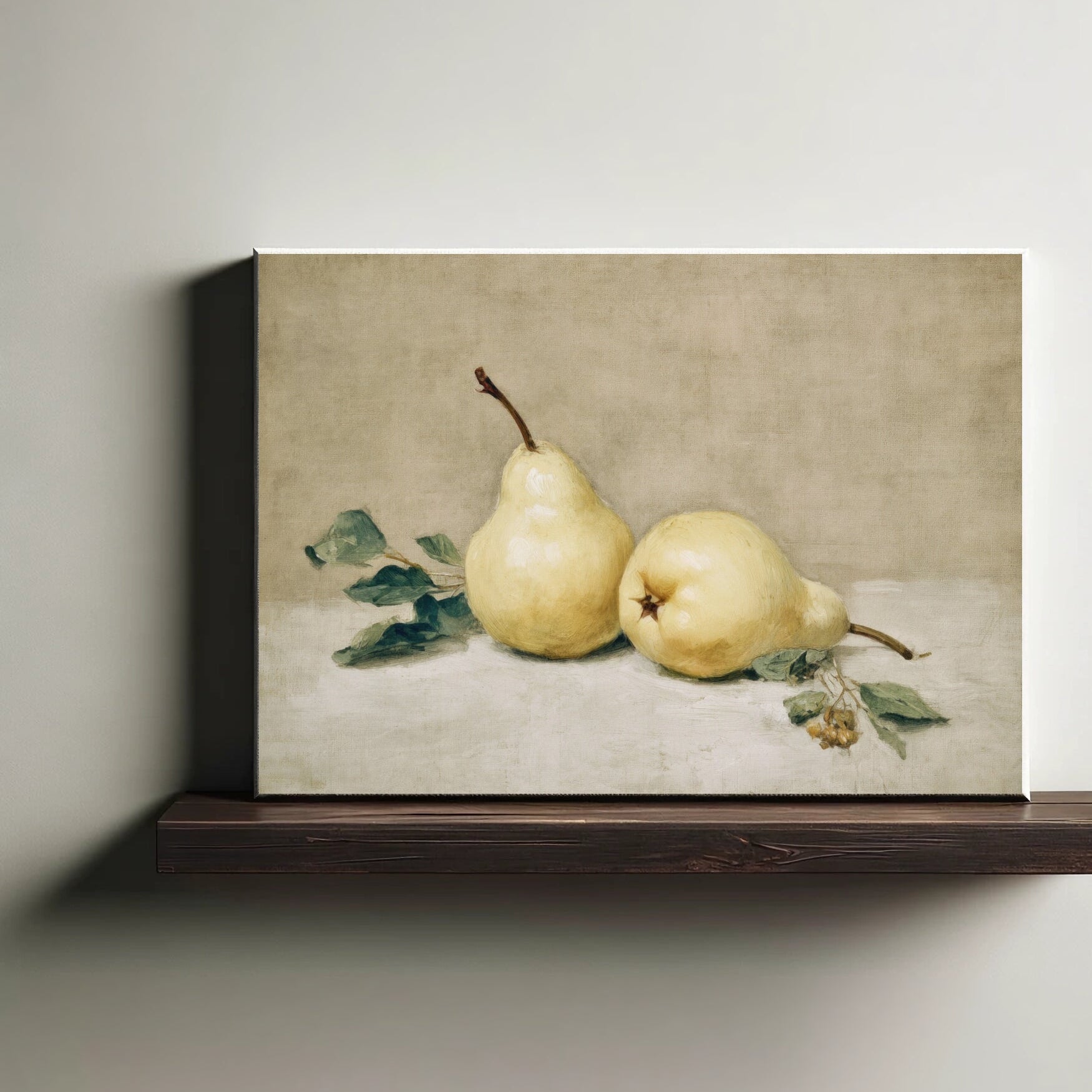 Canvas print of two pears on a wooden shelf against a plain wall