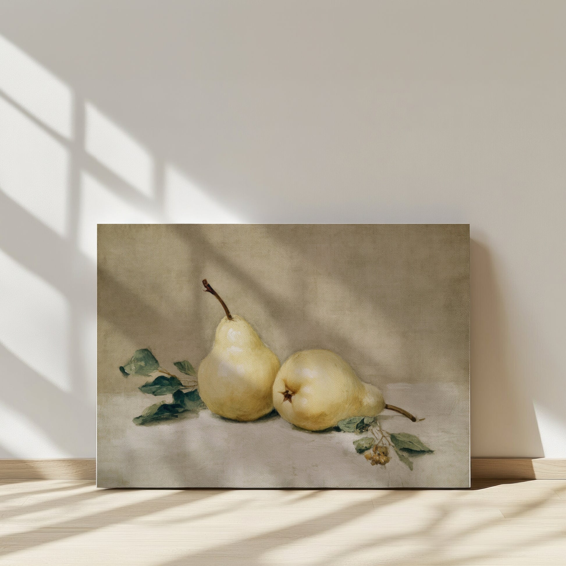 Framed artwork of two pears on a neutral background