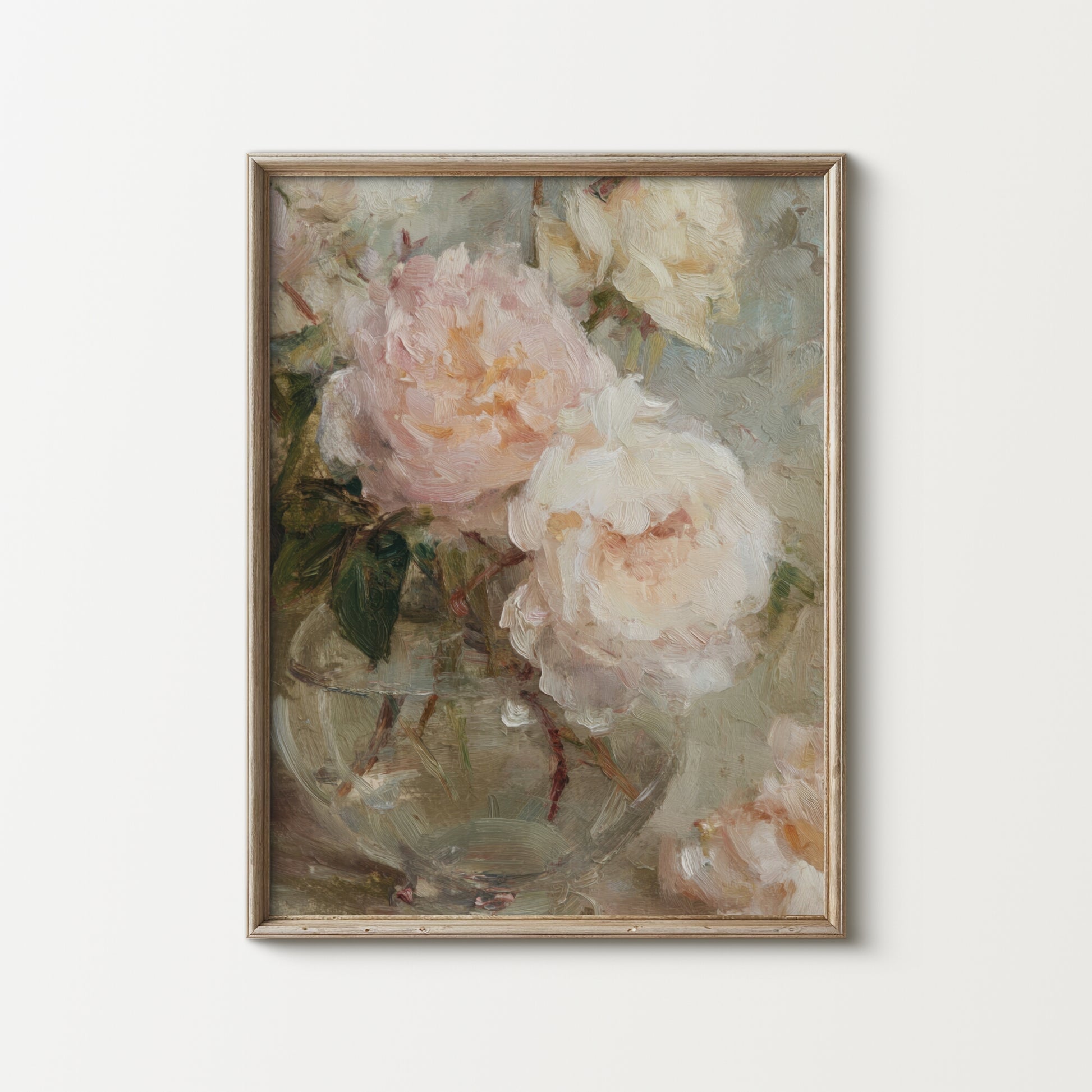 Framed artwork of pink and white roses in a glass vase on a light background