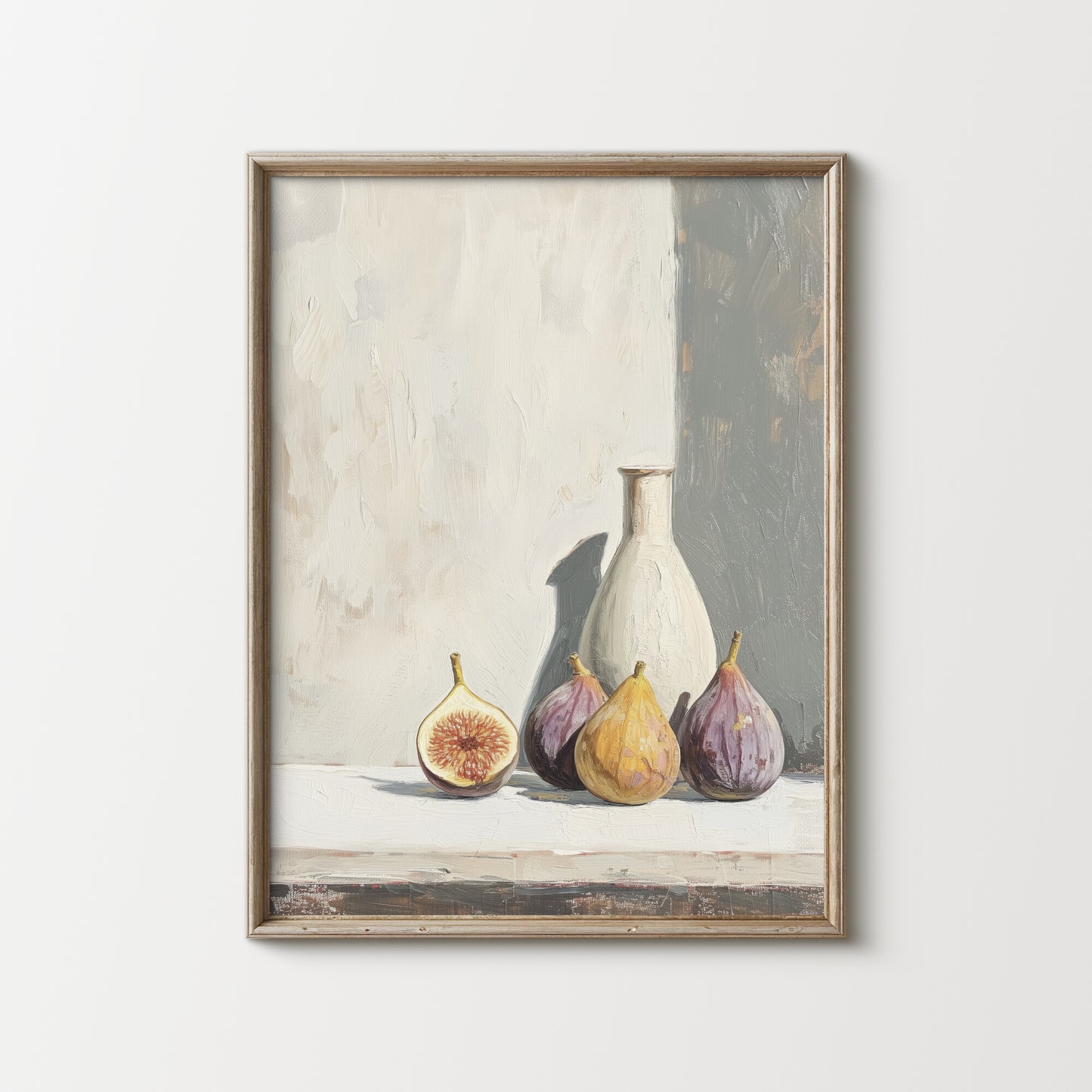 Framed artwork of a still life with a vase and figs on a textured surface.