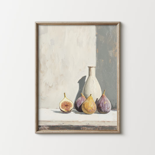 Framed artwork of a still life with a vase and figs on a textured surface.