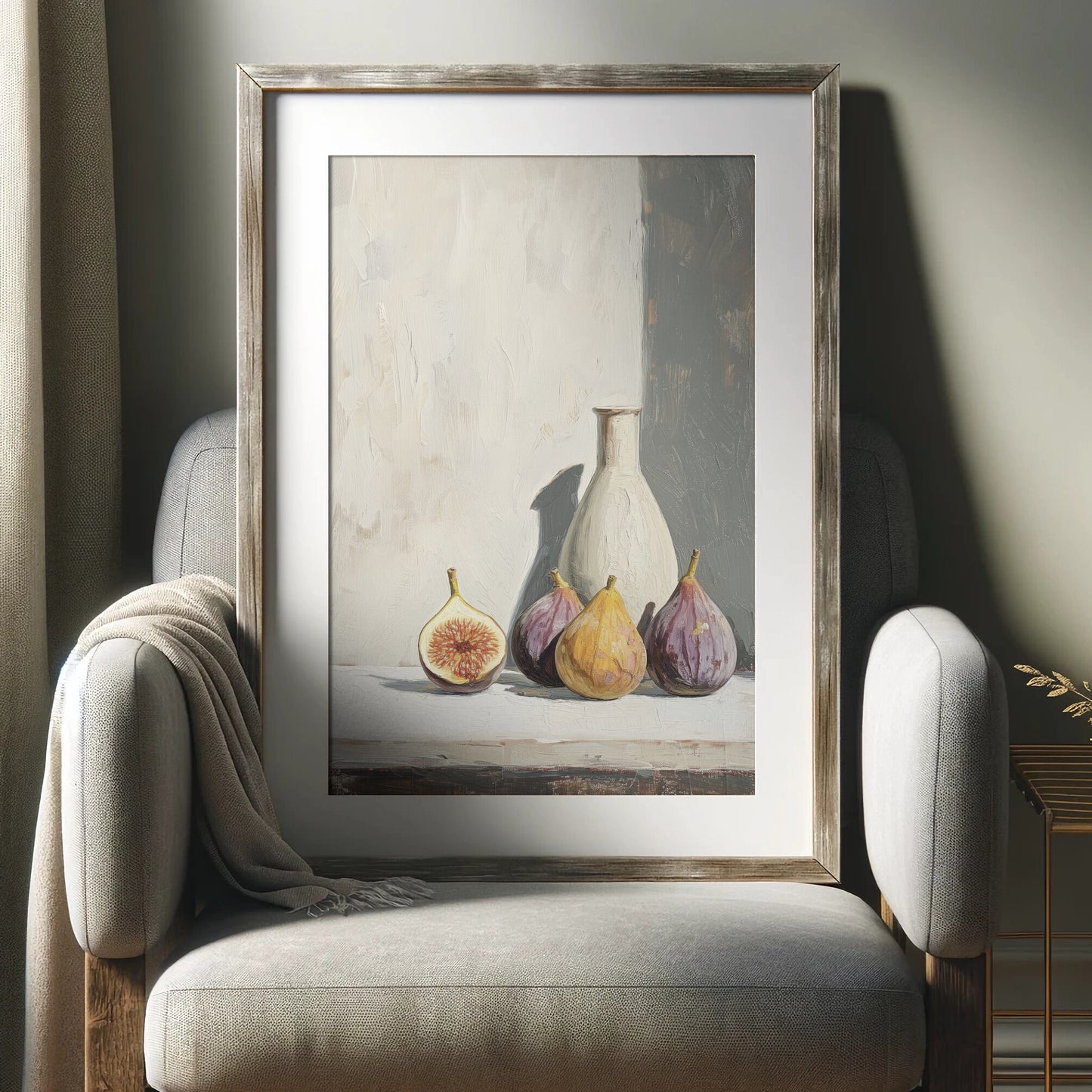 Framed artwork of still life with fruits and a vase on a wall above a chair.