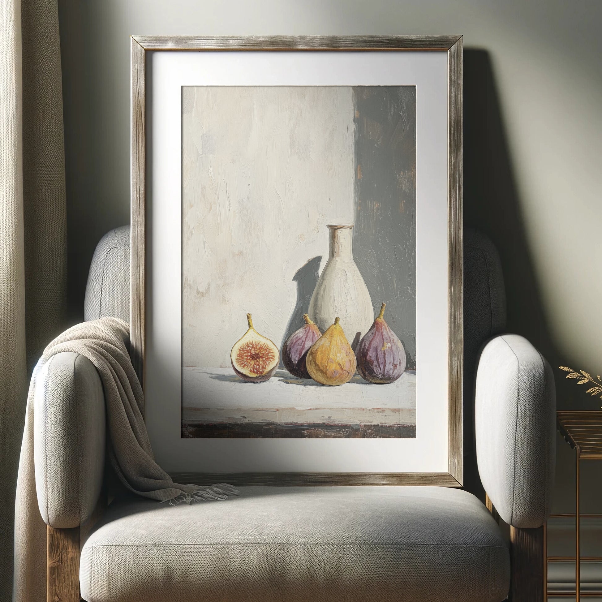 Framed artwork of still life with fruits and a vase on a wall above a chair.