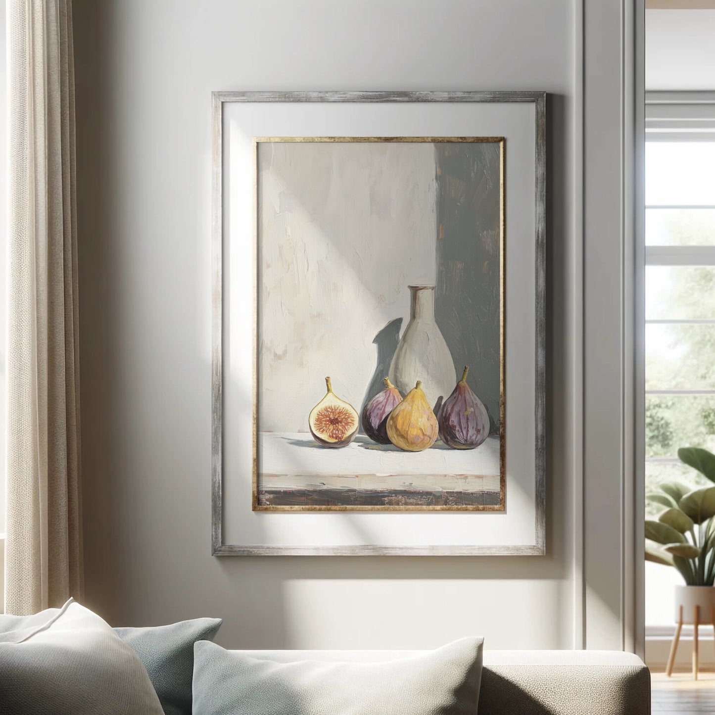 Framed artwork of still life with fruits and a vase on a wall in a living room.