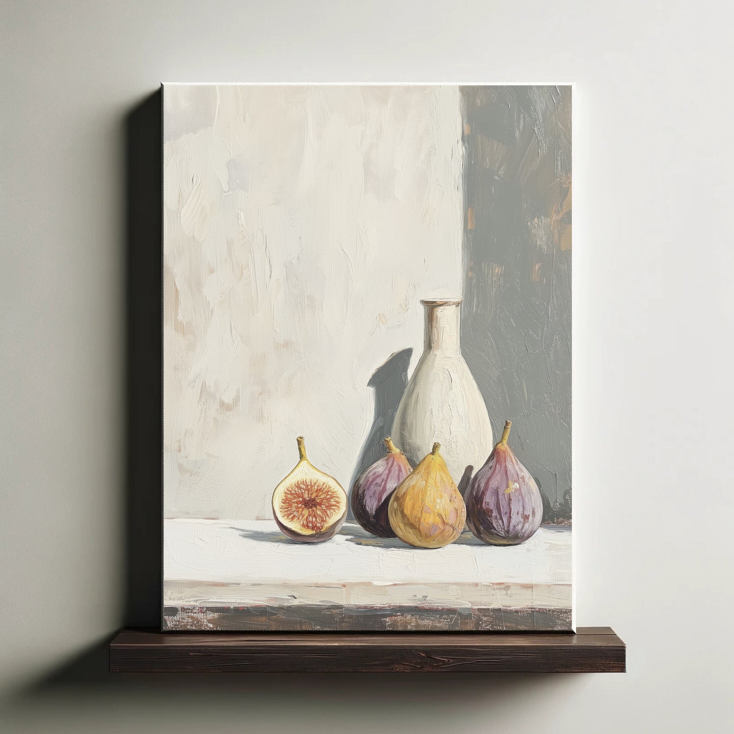 Framed artwork of still life with a bottle and figs on a neutral background