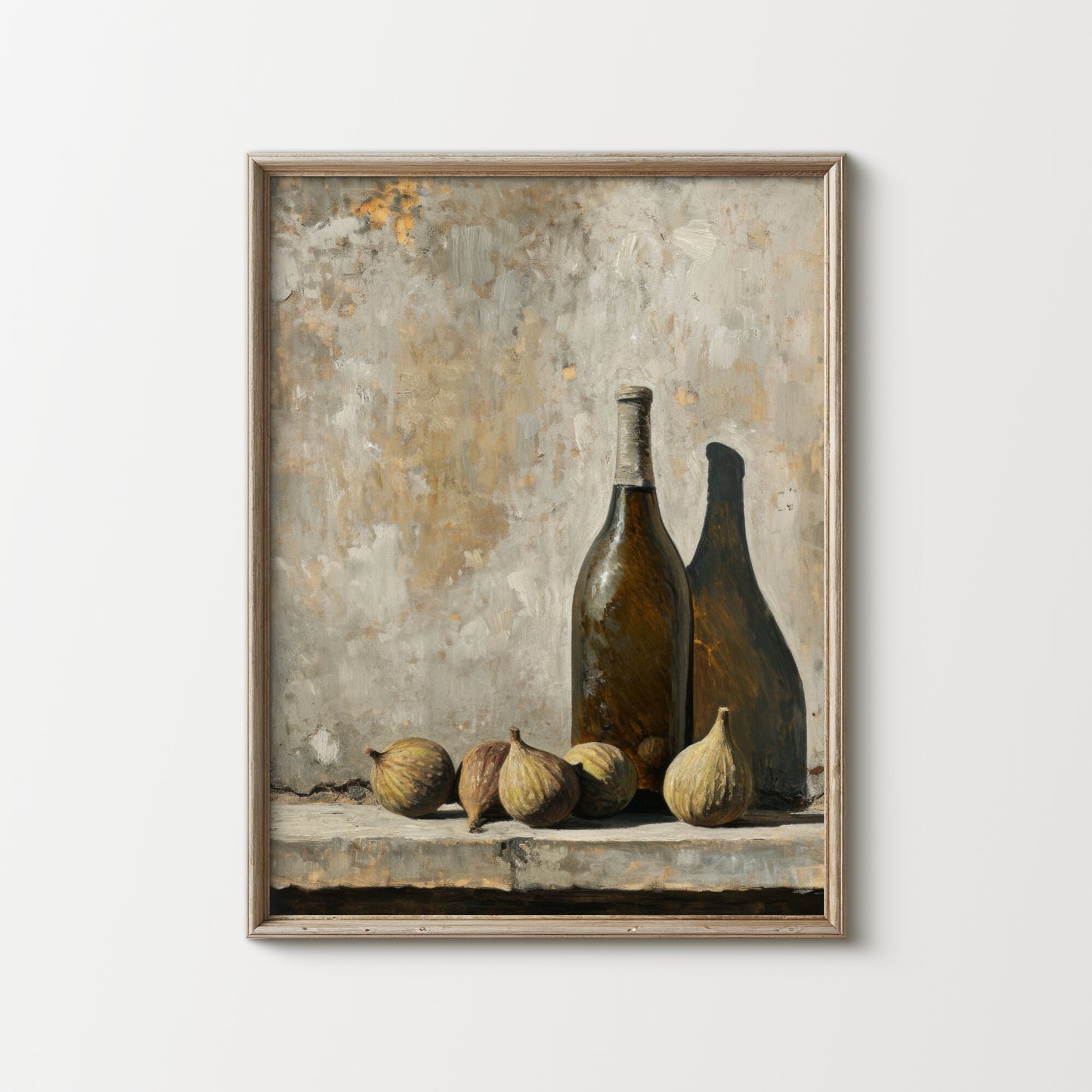 Framed artwork of two bottles and figs on a textured wall background