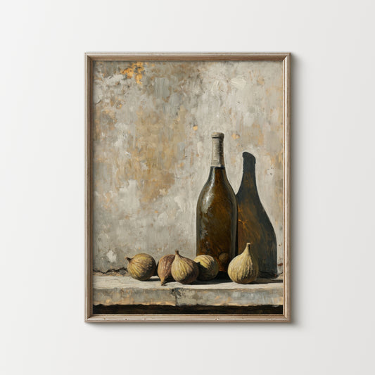 Framed artwork of two bottles and figs on a textured wall background