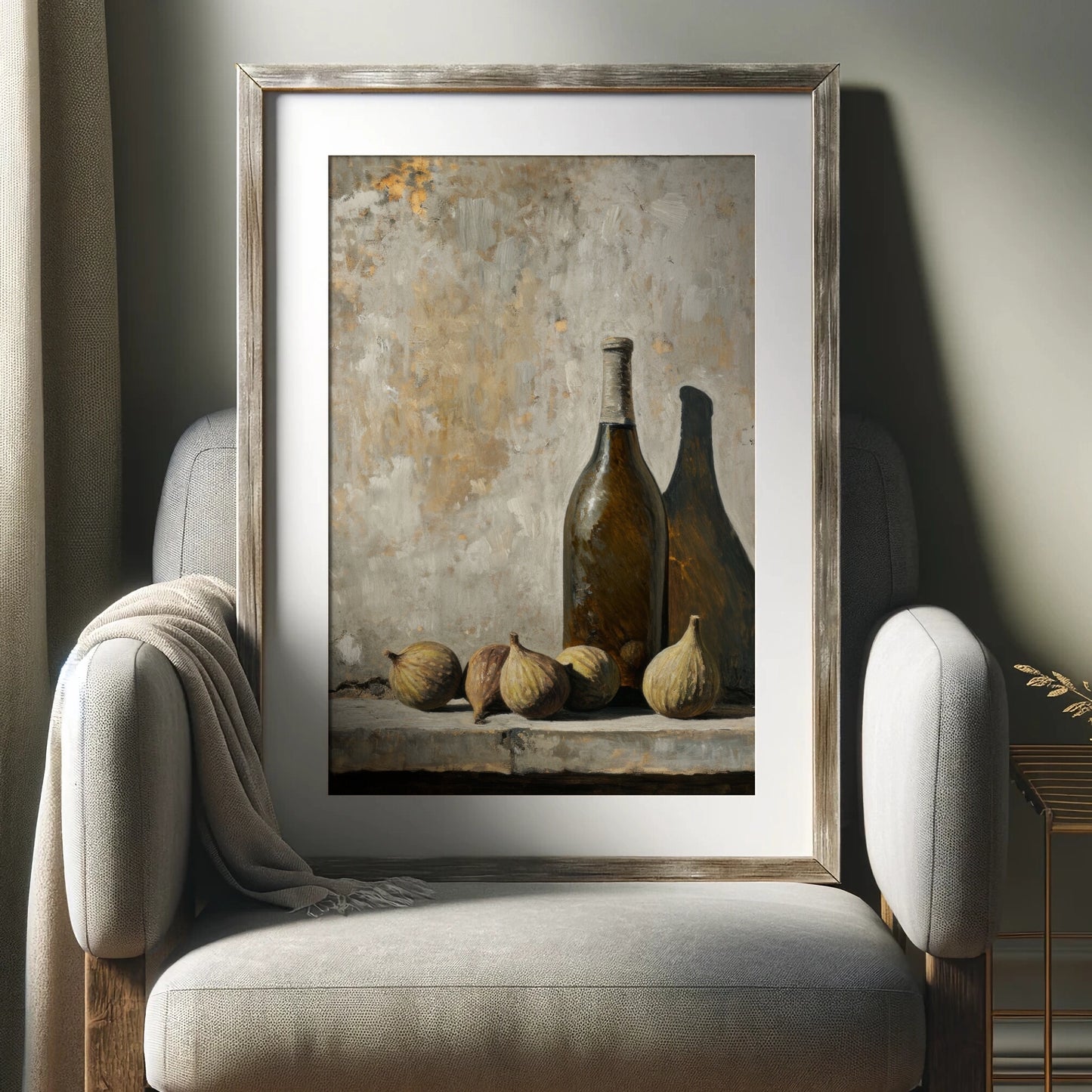 Framed still life painting with bottles and figs on a textured wall, displayed on a chair.