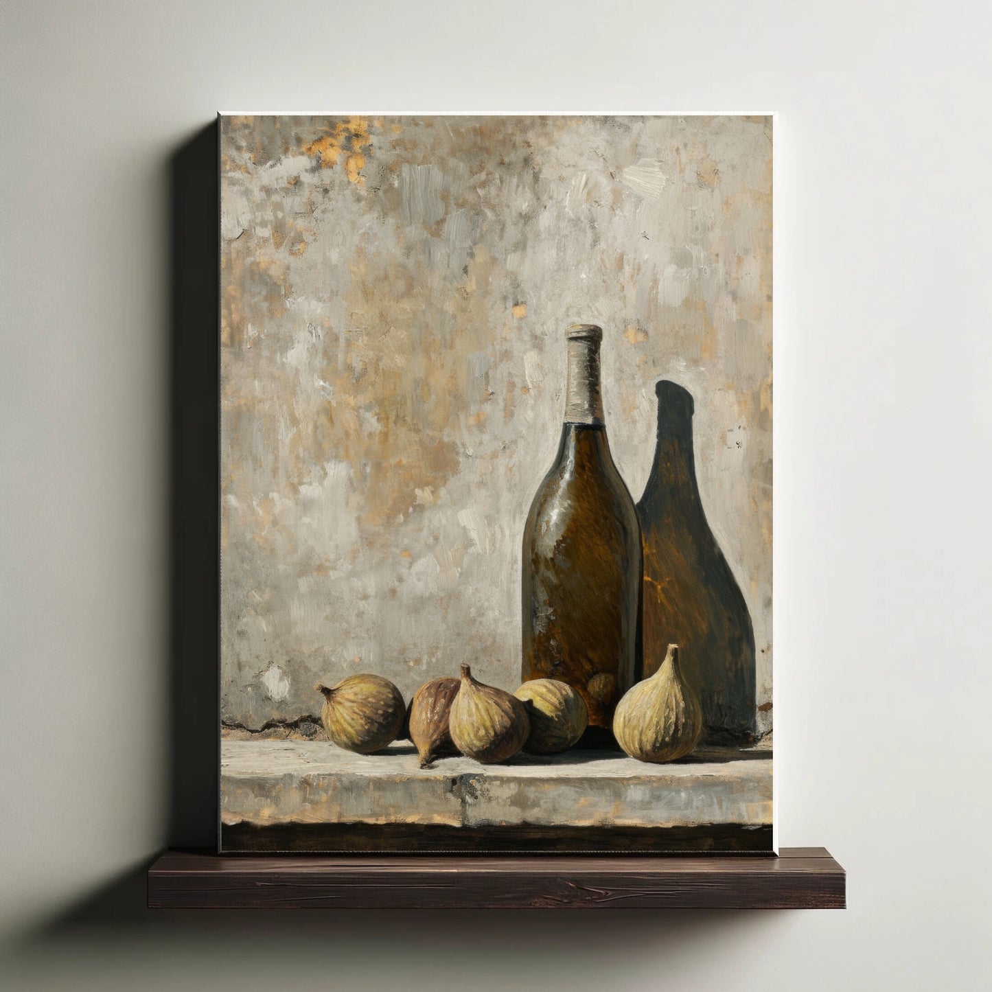 Canvas print of a still life scene with bottles and figs against a textured wall.