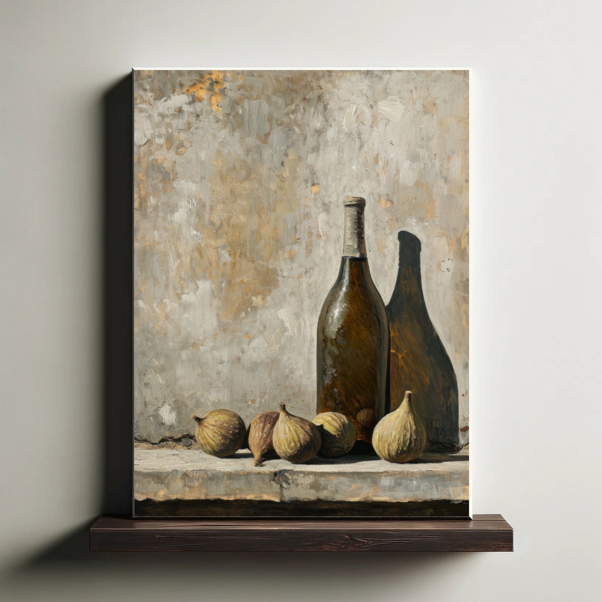 Canvas print of a still life scene with bottles and figs against a textured wall.