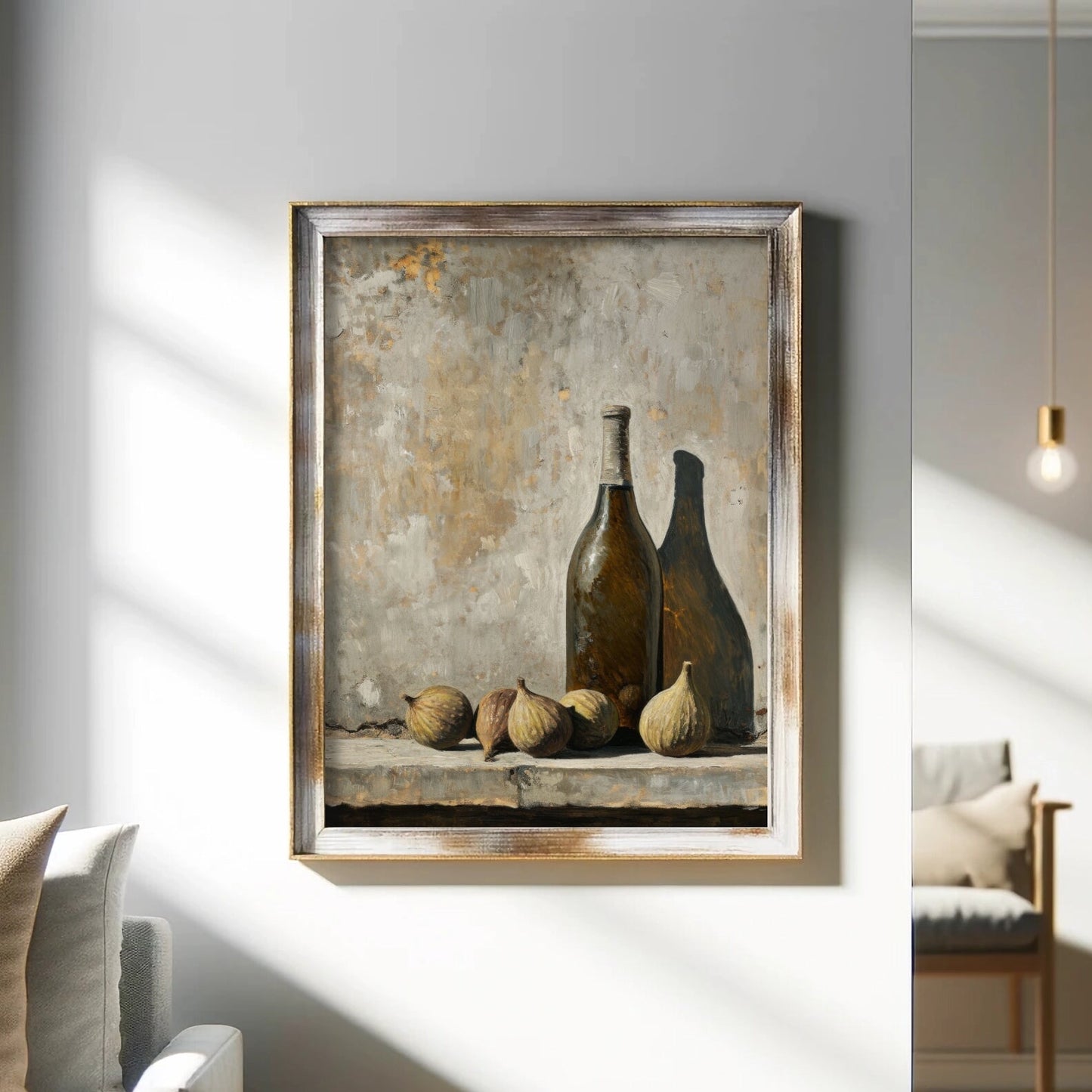 Framed artwork of bottles and fruits on a wall in a living room.