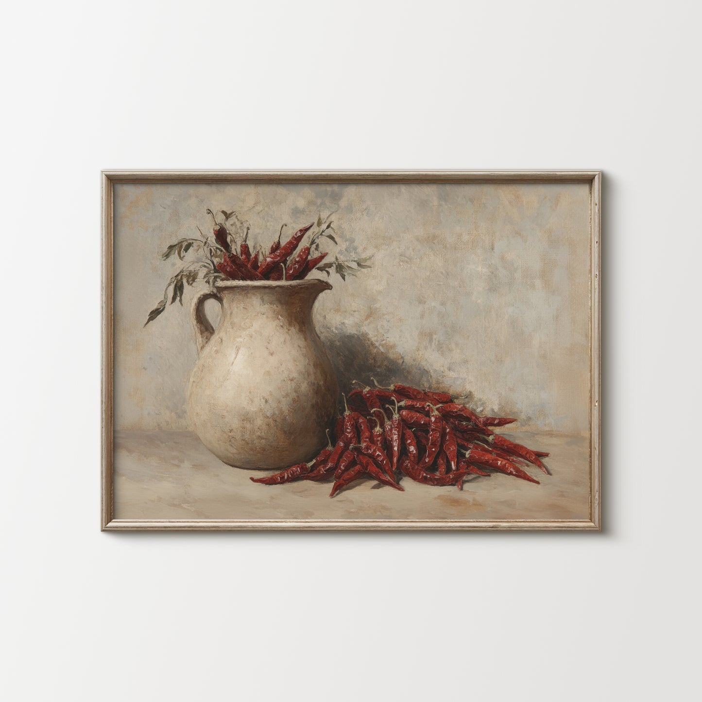 Framed artwork of a pitcher with red peppers on a textured background