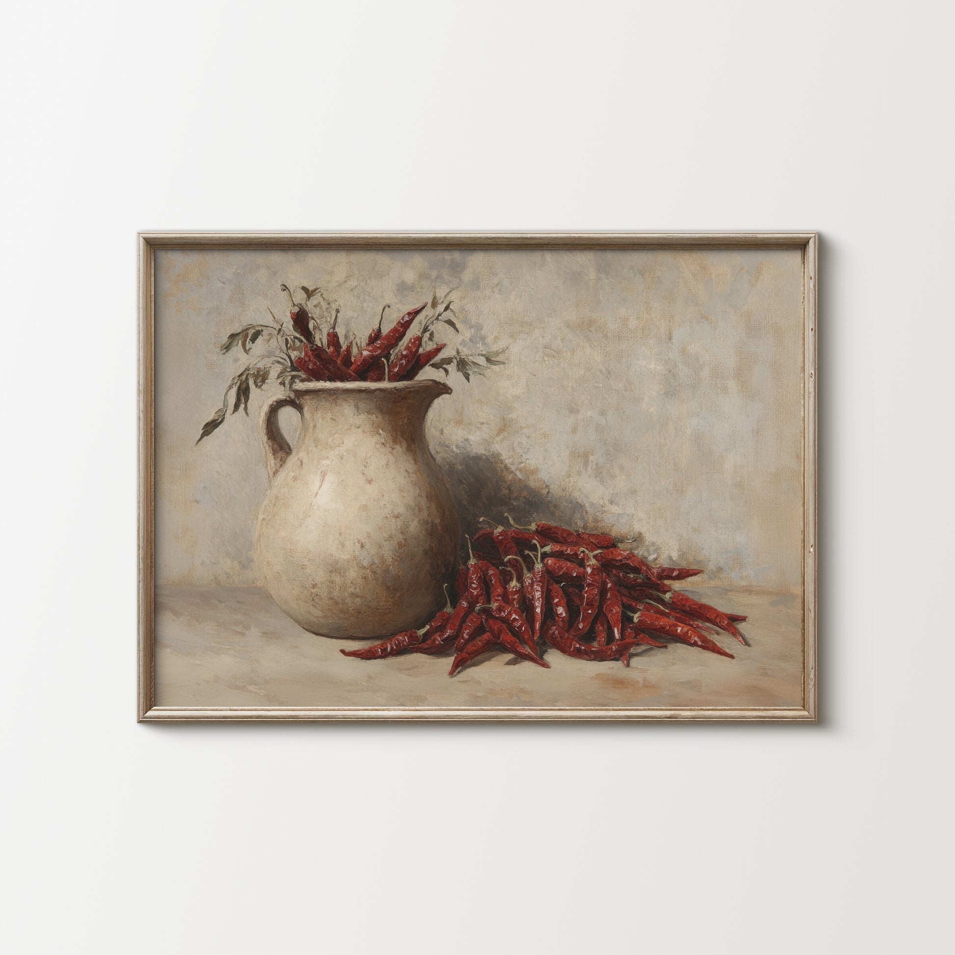 Framed artwork of a pitcher with red peppers on a textured background