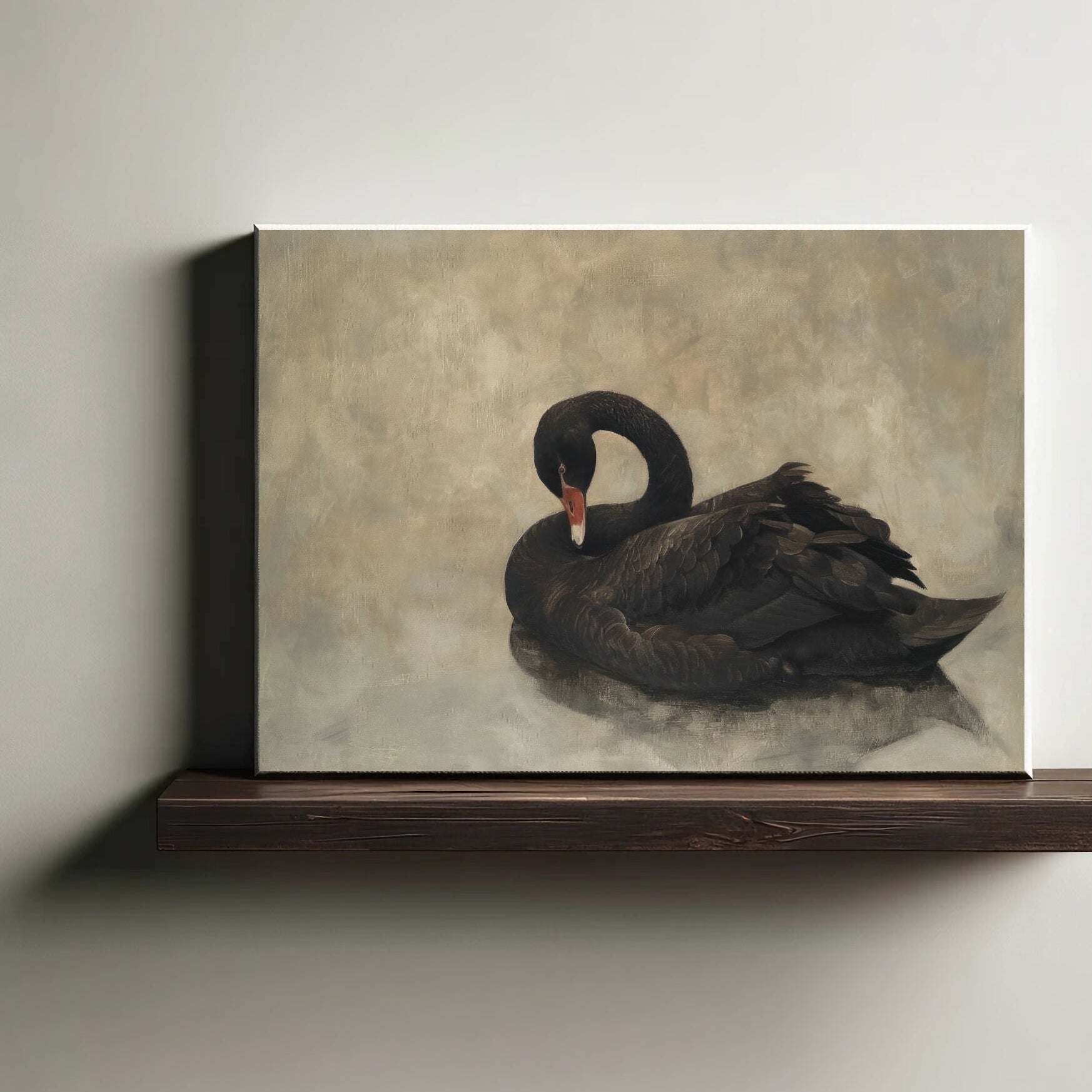 Canvas print of a black swan on a wooden shelf against a plain wall