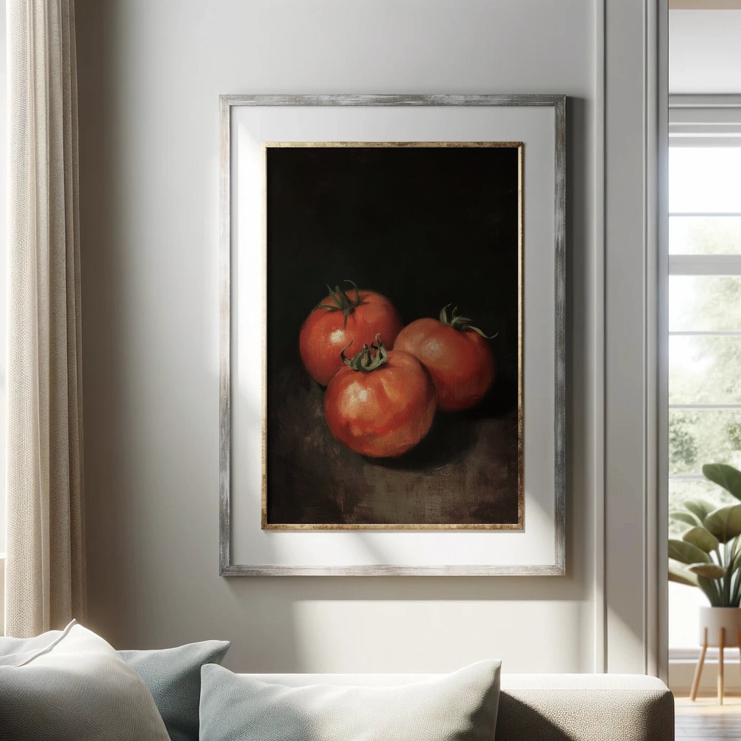 Framed artwork of three tomatoes on a dark background in a living room.