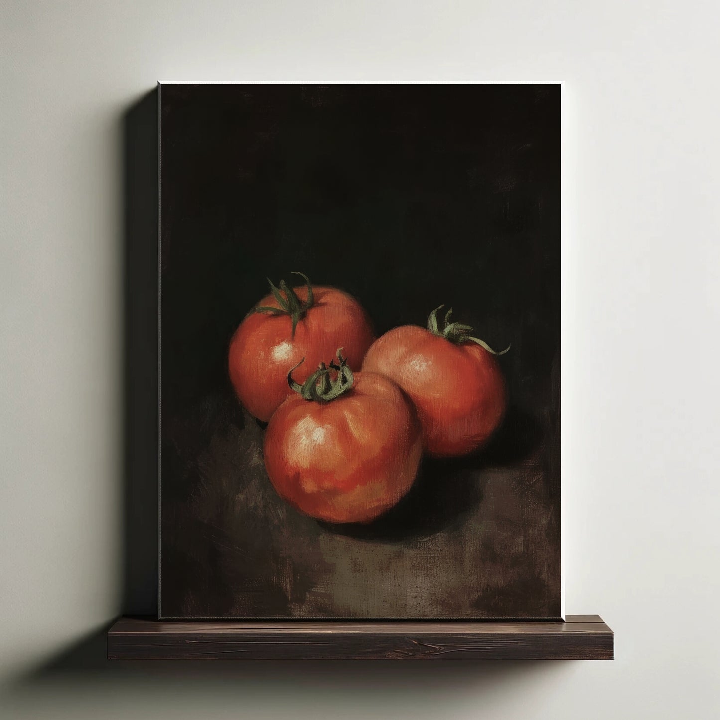 Canvas print of a still life painting of three tomatoes on a dark background, displayed on a wooden shelf.