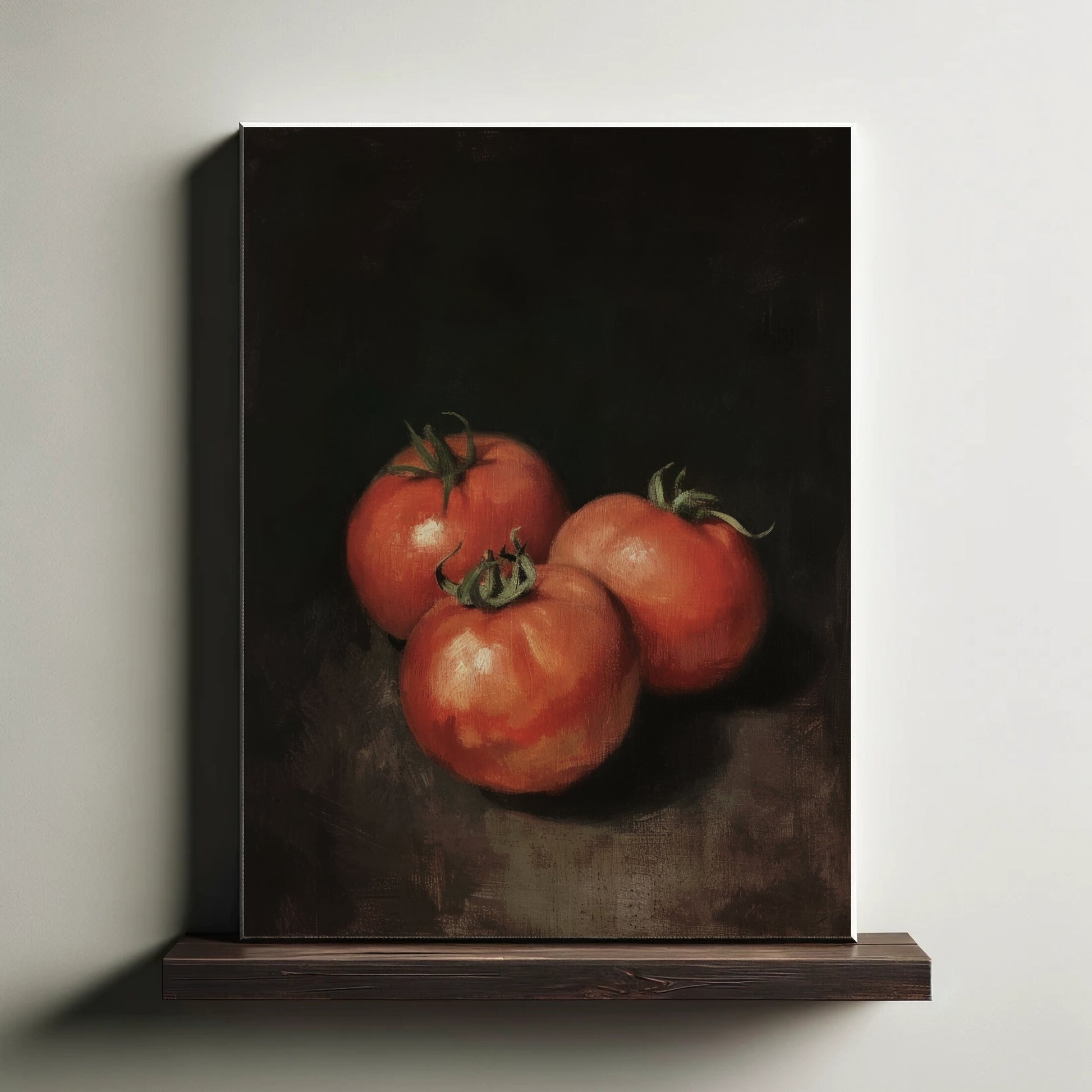 Canvas print of a still life painting of three tomatoes on a dark background, displayed on a wooden shelf.