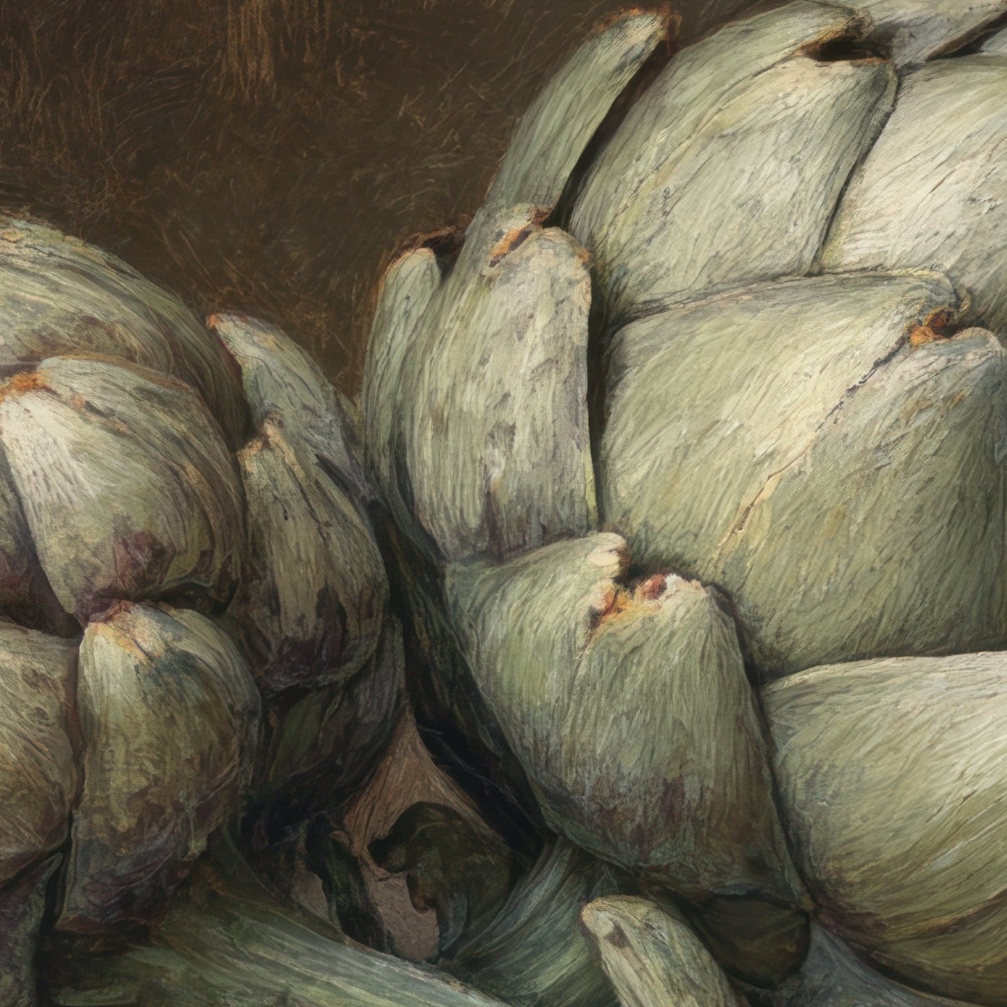 Close-up of artichokes with a brown background