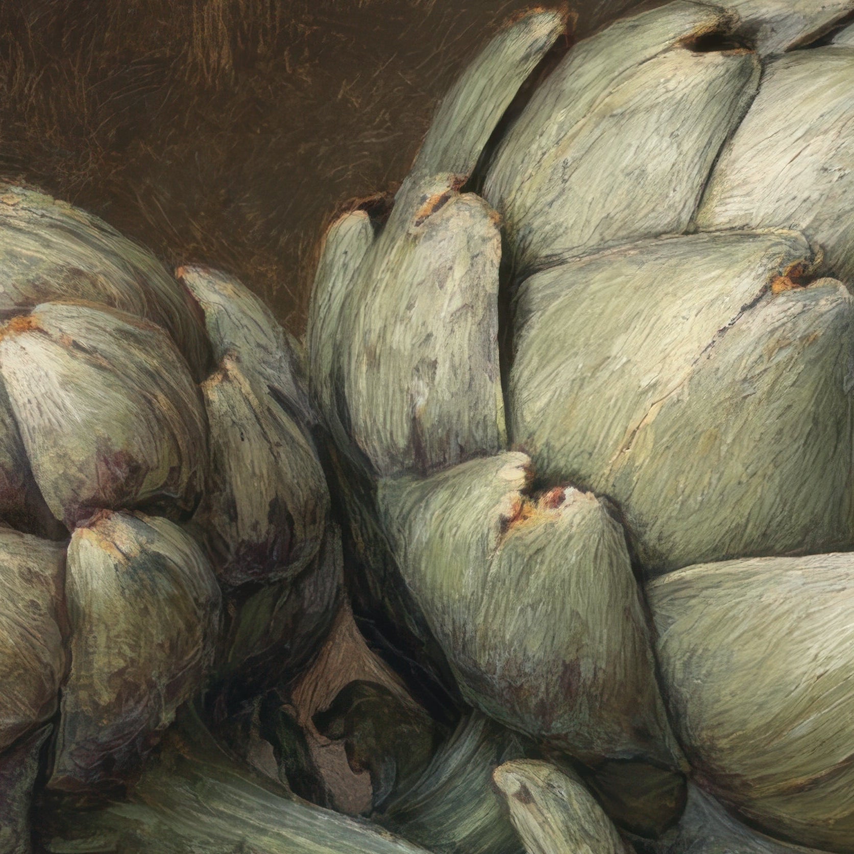 Close-up of artichokes with a brown background