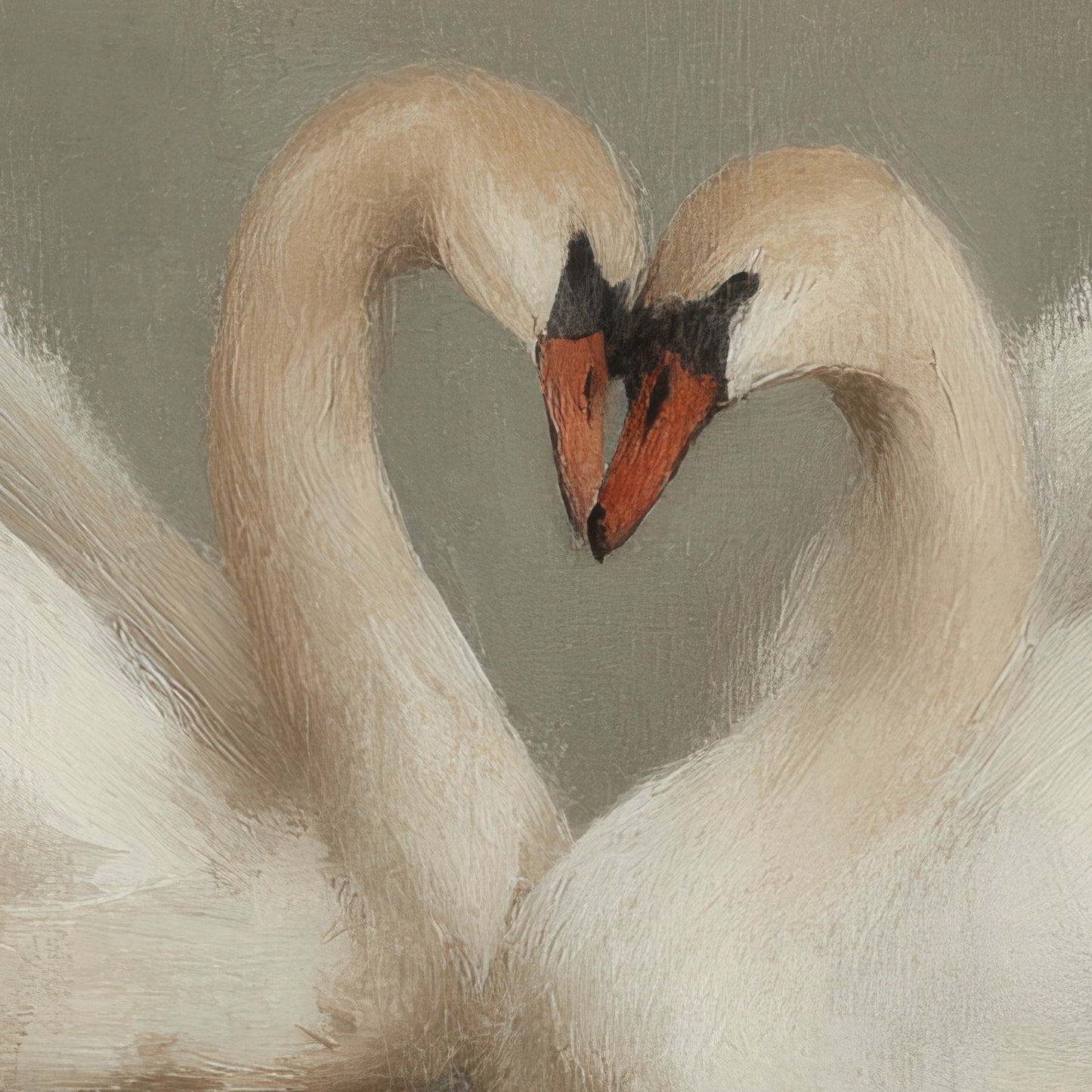 Two swans forming a heart shape with their necks against a neutral background