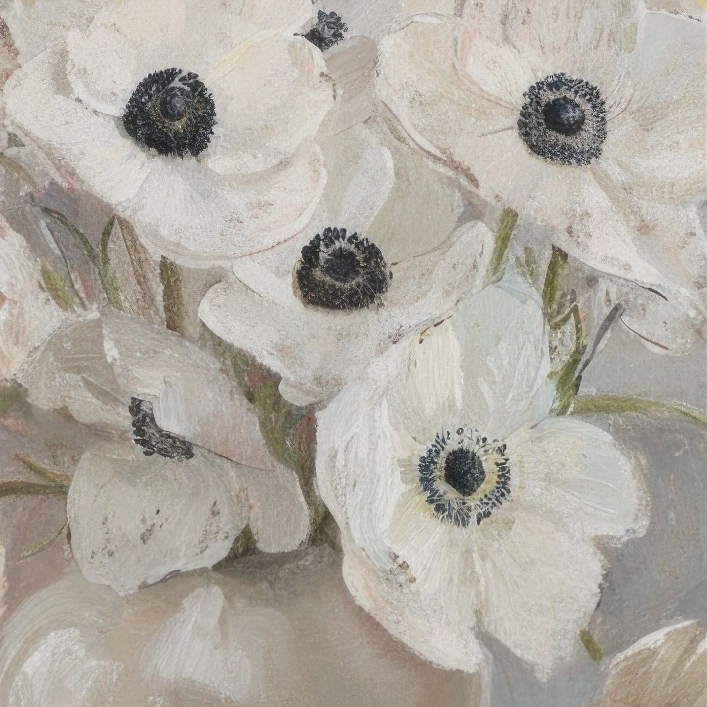 Close-up of white flowers with black centers on a textured beige background