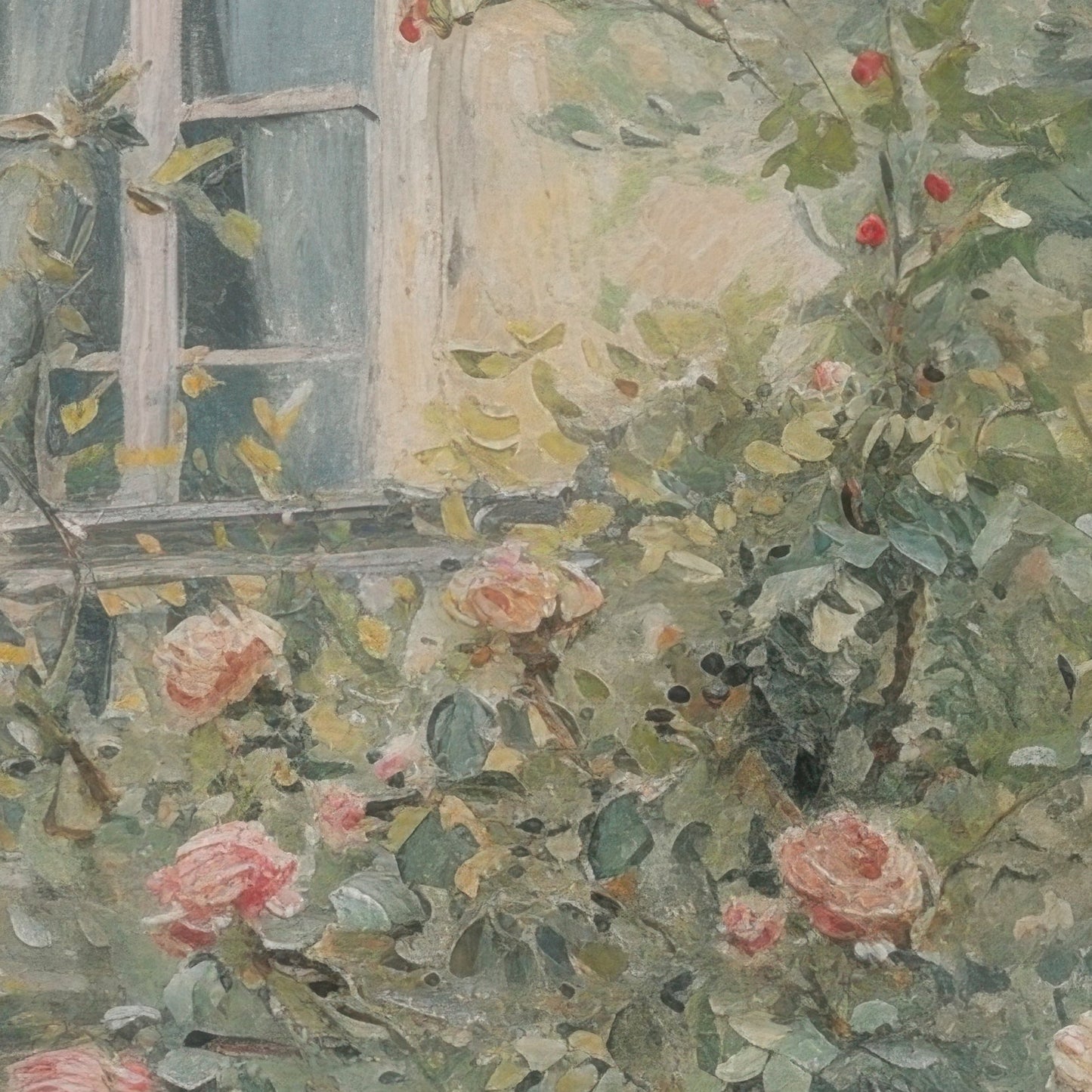 Artistic depiction of a garden with flowers and a window in the background
