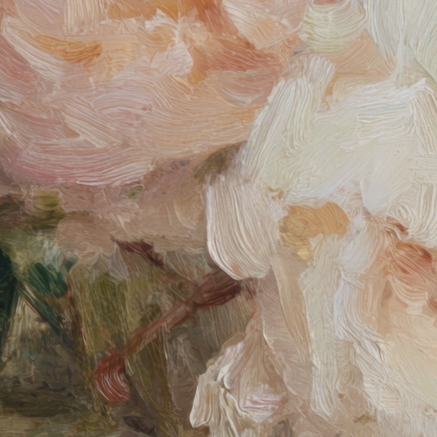 Close-up of a painting with textured brushstrokes in soft colors.