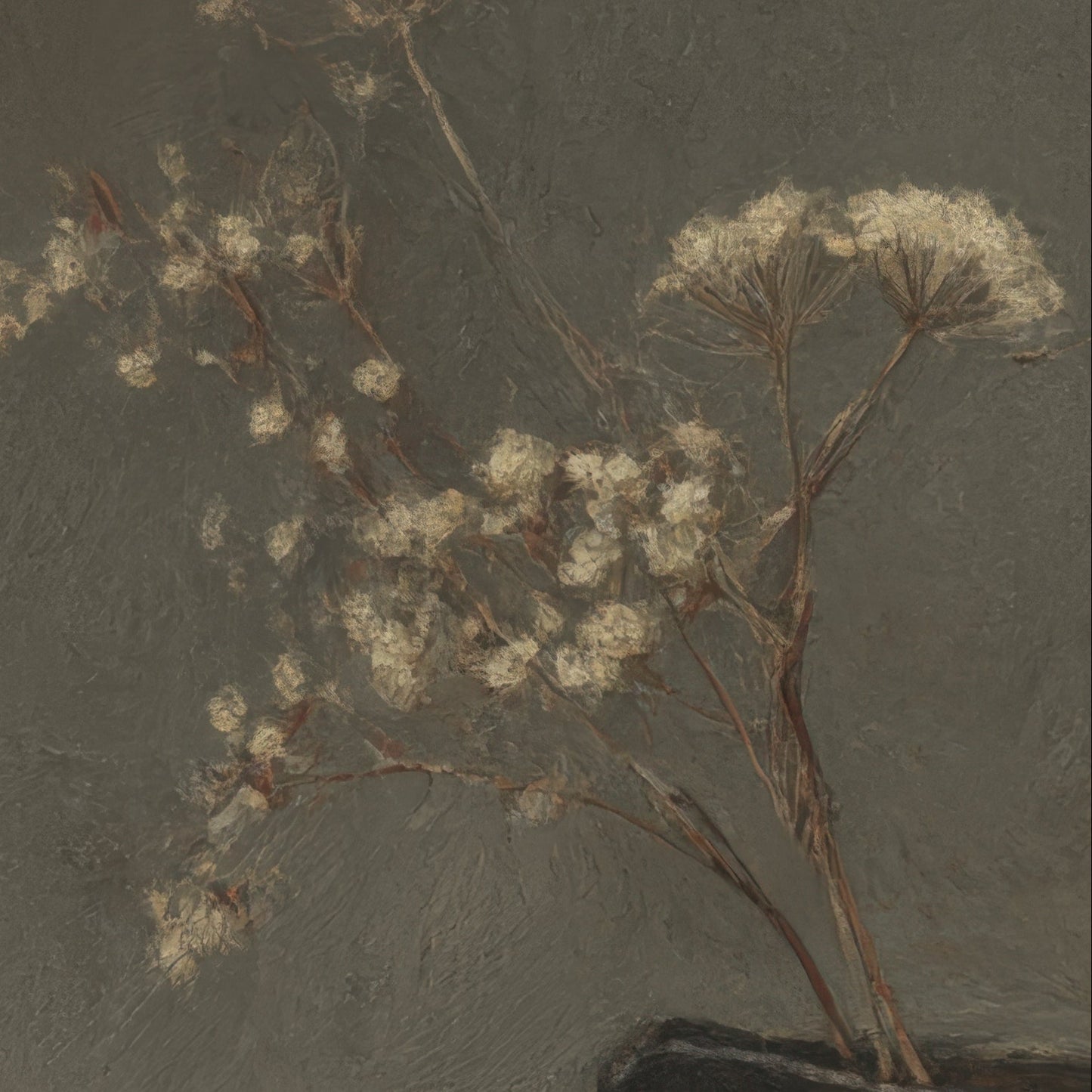 Artistic depiction of white flowers on a dark background