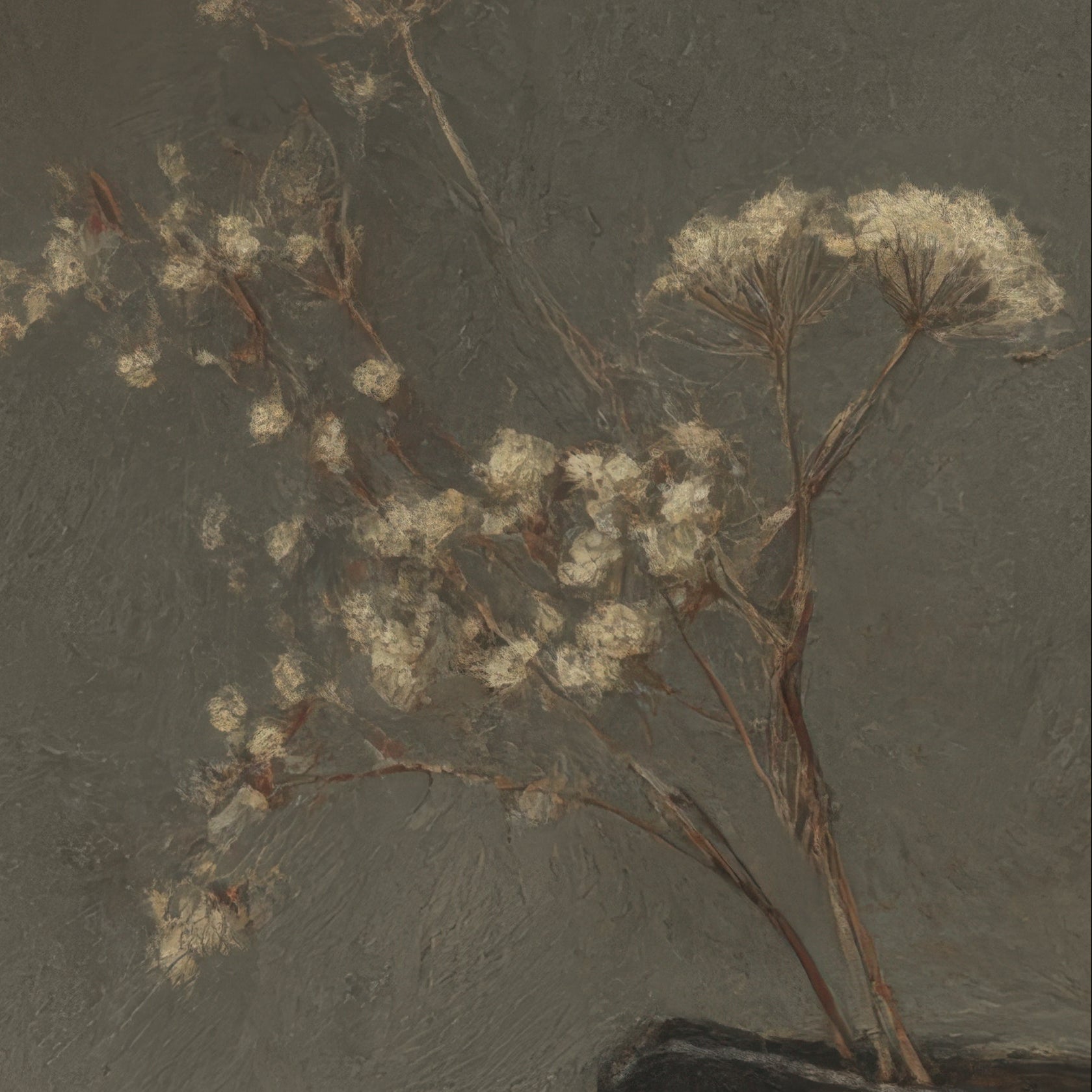 Artistic depiction of white flowers on a dark background