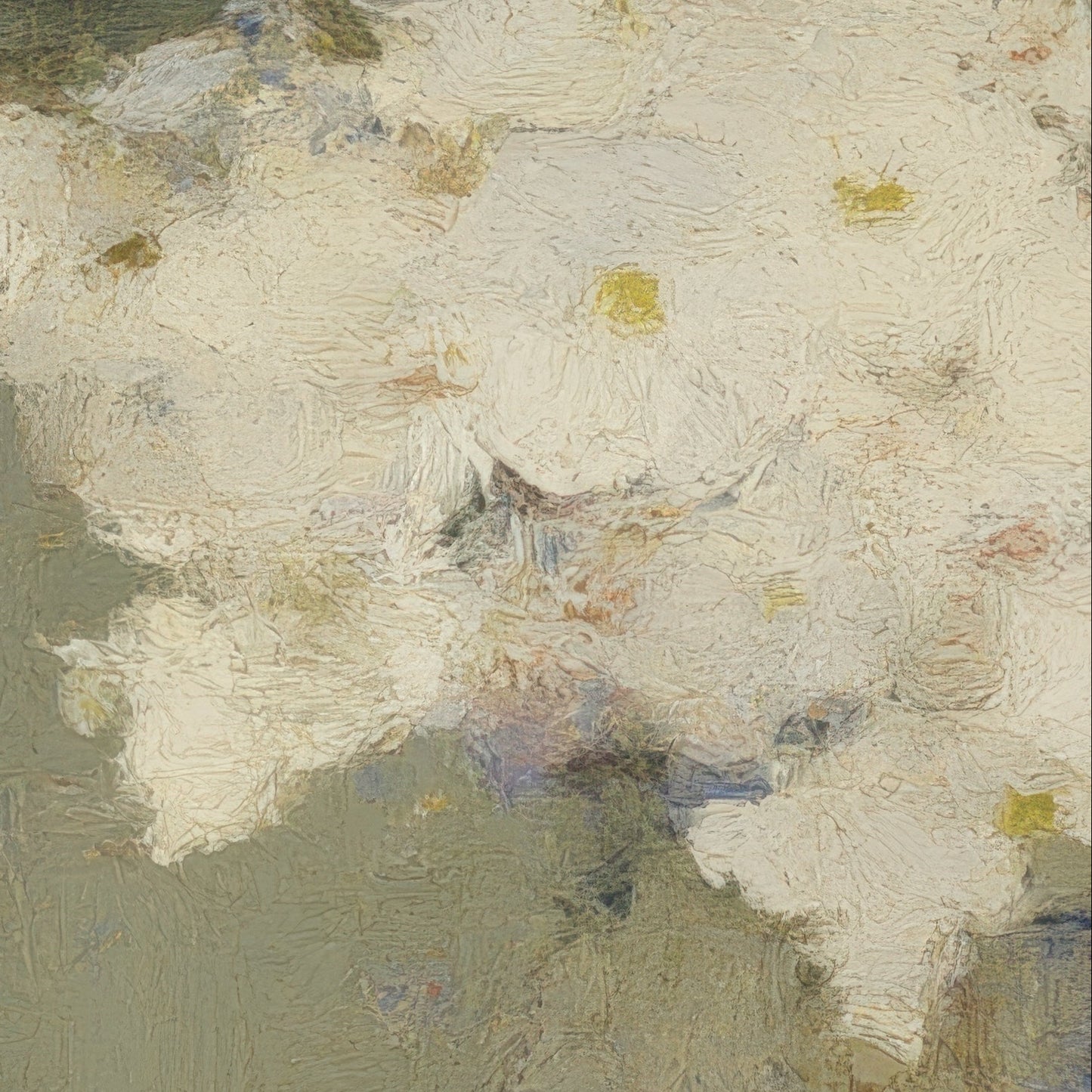 Abstract painting with textured brushstrokes in beige, brown, and gray tones.