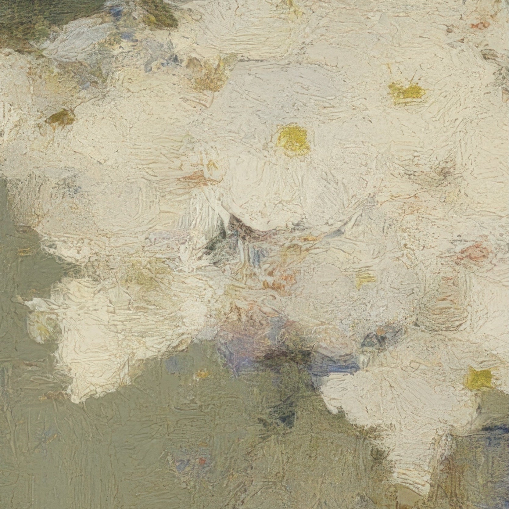 Abstract painting with textured brushstrokes in beige, brown, and gray tones.