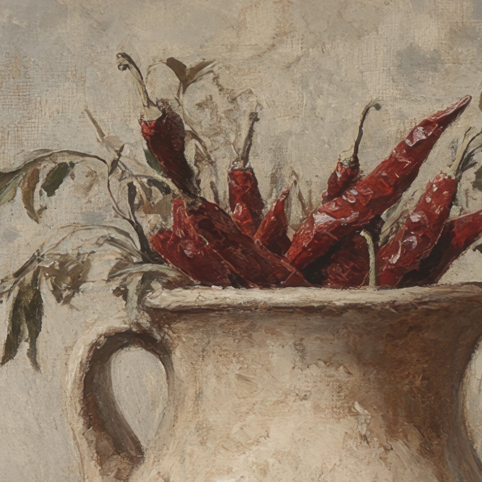 Vintage-style still life with red peppers in a vase on a textured background, featuring the brand 'Fleur Vie Vintage'.