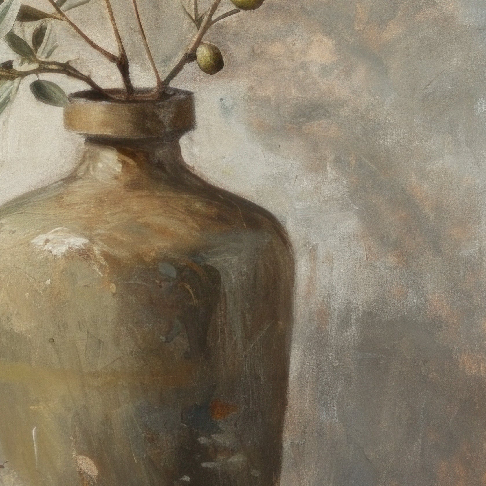 Vintage-style vase with branches and olives against a textured background 